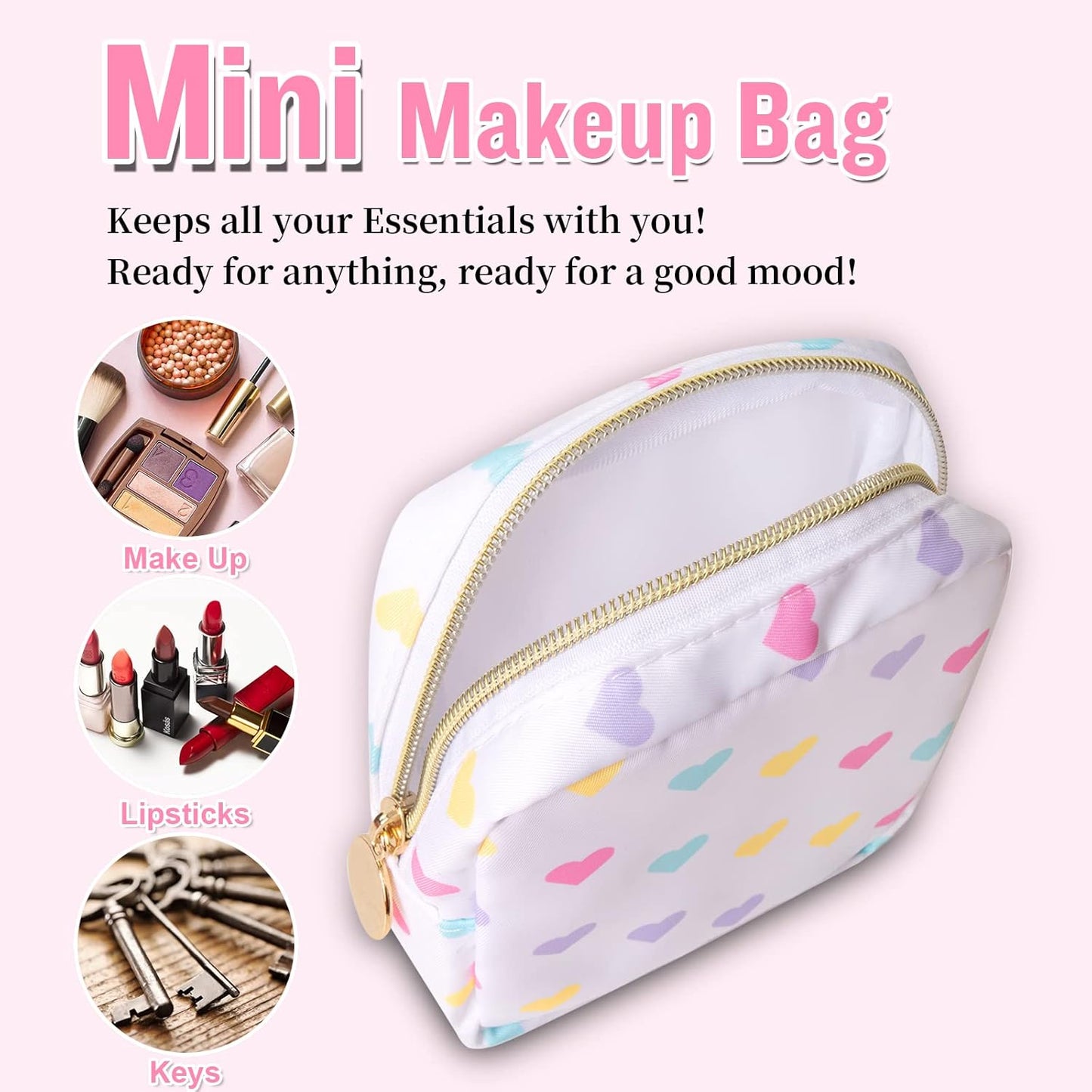 Nylon Mini Preppy Cute Makeup Bag - White Heart: Waterproof Zipper Pouch for Travel, Storage - Small Cosmetic Purse Organizer