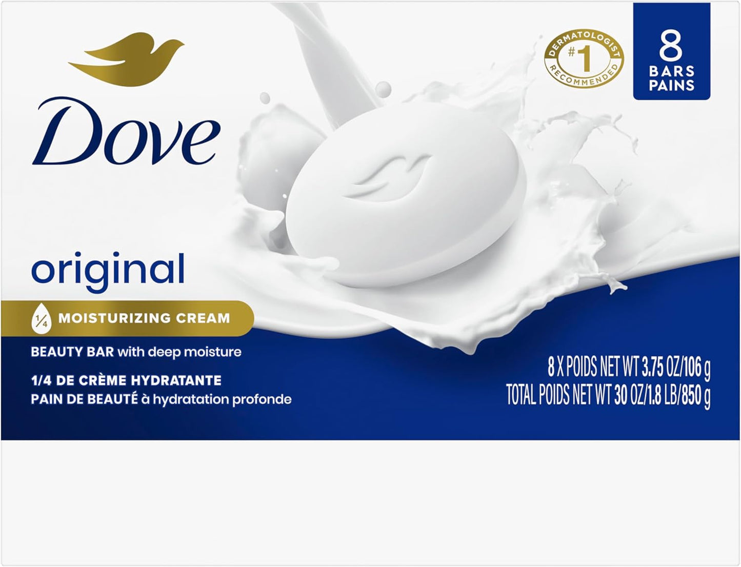 Dove Beauty Bar Soap Original 8 Count for Soft, Smooth Skin, with 1/4 Moisturizing Cream 3.75 oz