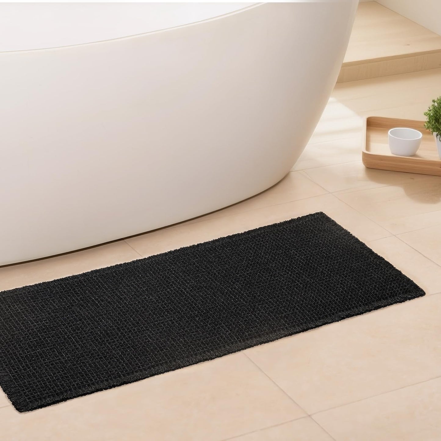 Black Bathroom Rug - Waffle Bath Mat Non Slip Washable, Super Absorbent & Quick Dry, Boho Bath Mat Farmhouse Bathroom Decor, 20'' x 48'', Black