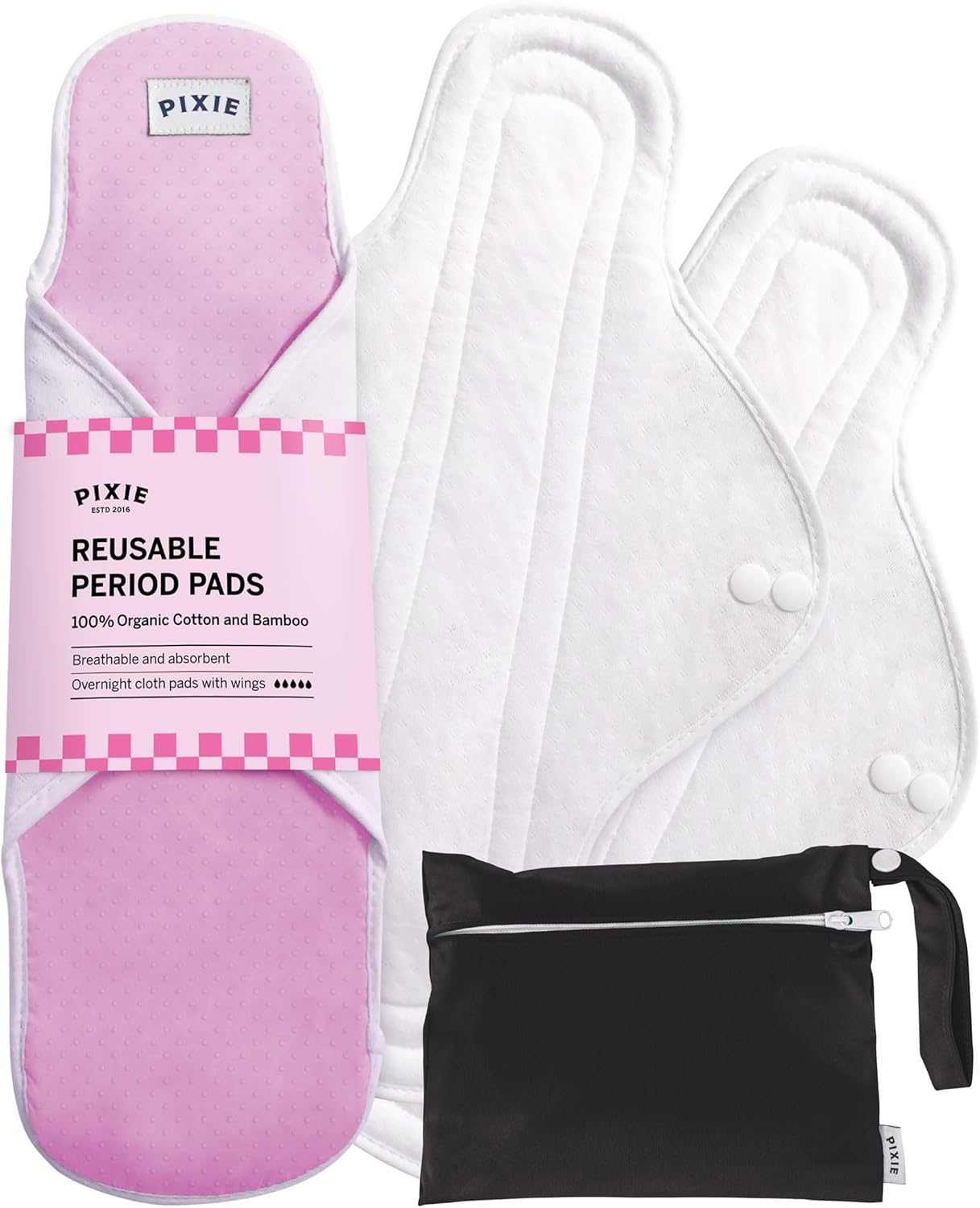 Pixie Cotton Cloth Pads - 100% Organic Reusable Cotton -Ranked 1 for Softest Menstrual Sanitary Napkins - Machine Washable & Includes Free Wet Bag - Menstrual Liner (Overnight)