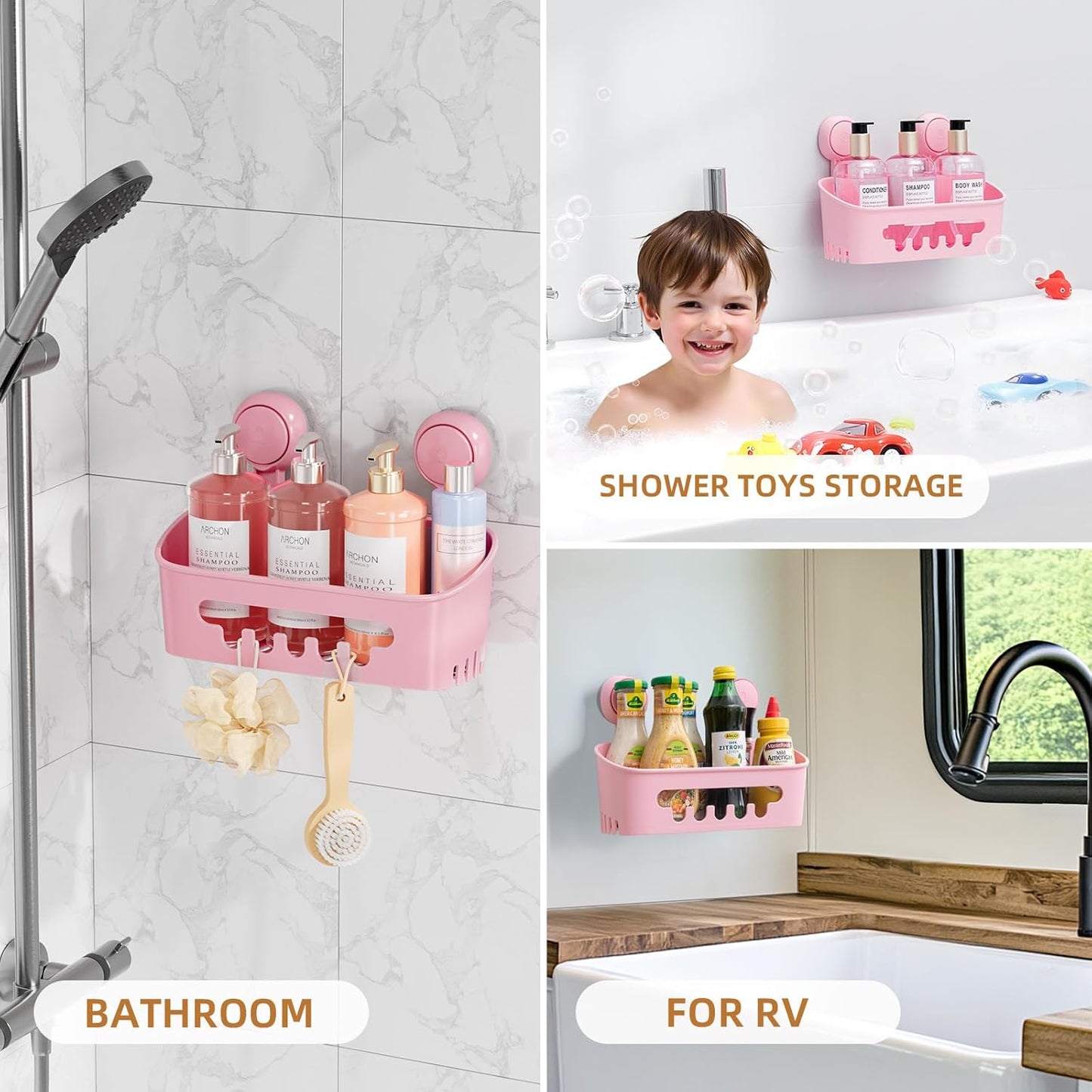 LEVERLOC Shower Caddy Suction Cup, Shower Organizer Removable Bathroom Shelf, Storage Suction Powerful Max Hold 22lbs Bathroom Caddy Waterproof Holder, Pink
