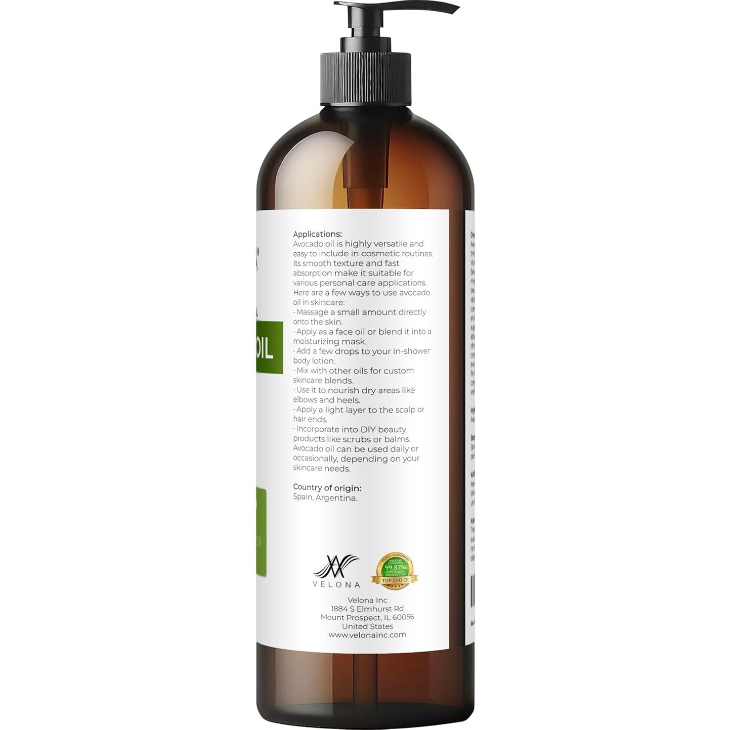 Velona Avocado Oil 16 Fl Oz | 100% Pure and Natural Carrier Oil | Expeller-Pressed | Hair, Body and Skin Care | Use Today - Enjoy Results