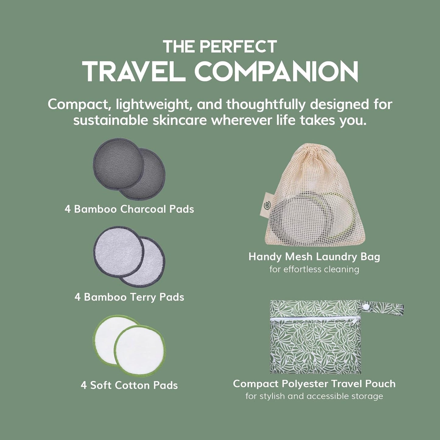 Greenzla Reusable Makeup Remover Pads Travel Set - 12 Pack Microfiber Cotton Pads, Dark Charcoal Cotton Rounds, and Bamboo Terry Face Wipes for All Skin Types with Mesh Laundry Bag and Travel Pouch