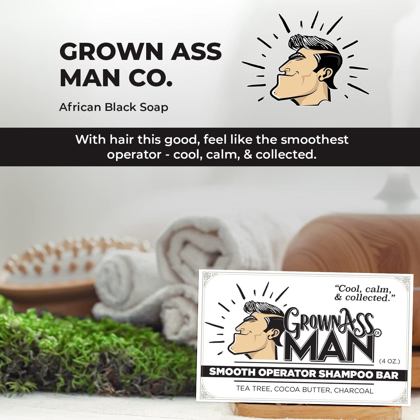 Grown Ass Man Co. - Solid Shampoo Bar Rich Lather 3 in 1: Hair, Beard & Body Wash - Plastic Free & Eco-Friendly, Natural & Organic Clean for All Hair Types, 4oz Bar (Smooth Operator, 3-Pack)