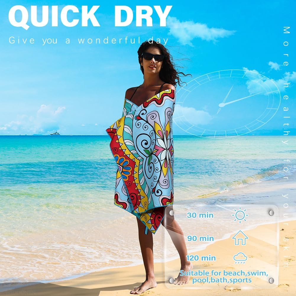 2 Pack Microfiber Lightweight Beach Towel Sand Free Quick Dry Absorbent Thin Compact Towels for Swimming Pool Camping Beach Accessories Large Easy Pack Travel Things for Vacation Essentials Gift