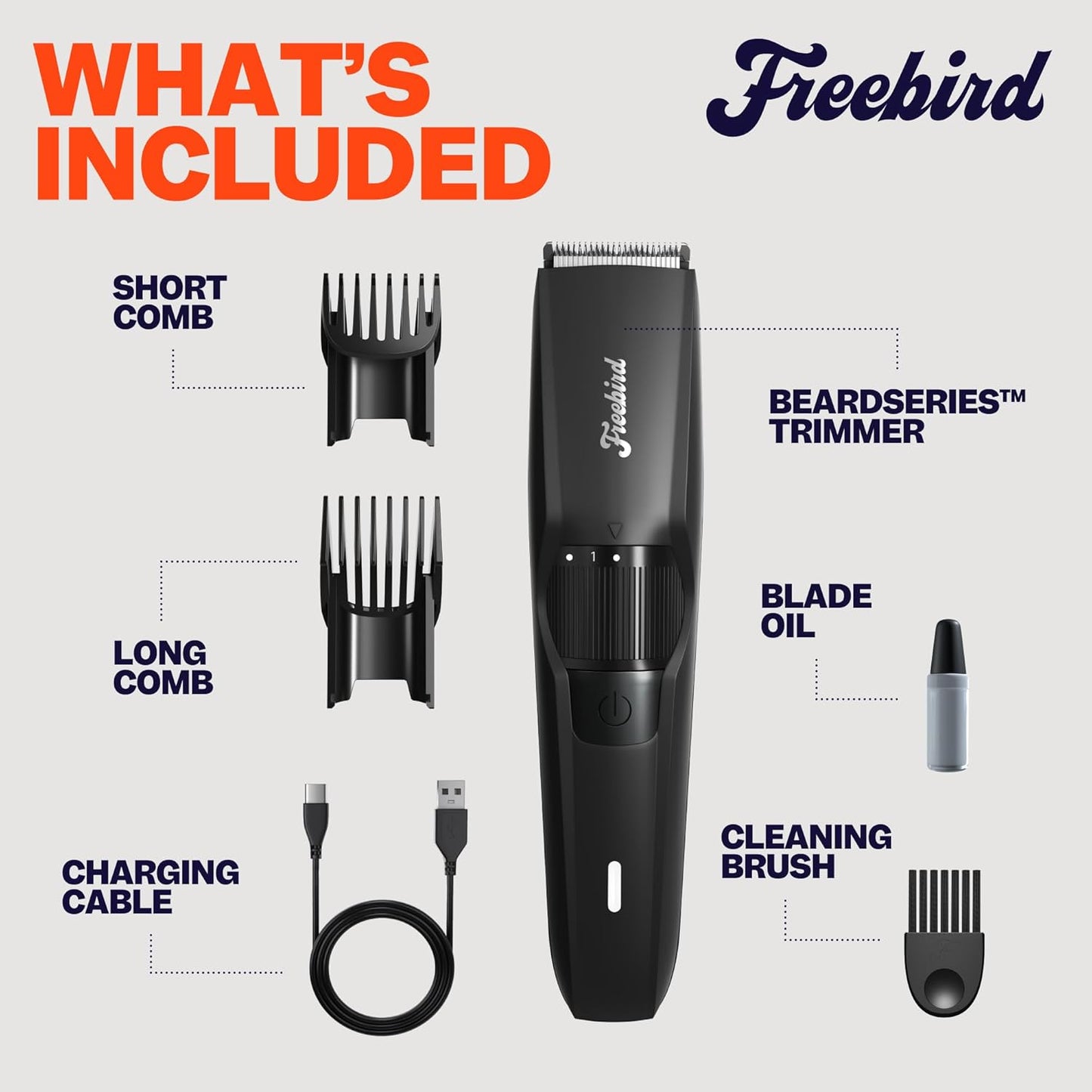 Freebird BeardSeries Trimmer for Men - Ultra Sharp Beard Trimmer with Precision Dial, Stainless Steel Blades, 40 Length Settings, Cordless & Rechargeable, for Beard, Hair, Body, & Intimate Grooming