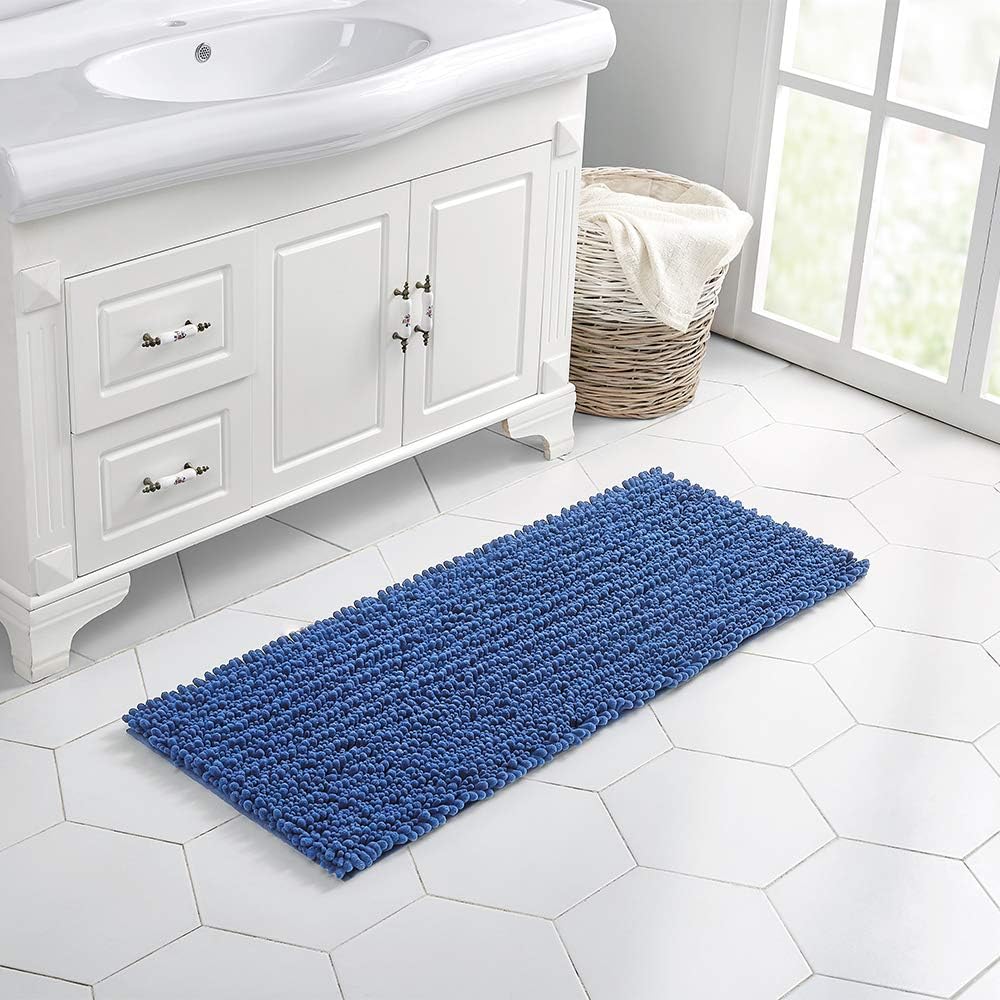 Walensee Bathroom Rug Non Slip Bath Mat (44x24 Inch Dark Blue) Water Absorbent Super Soft Shaggy Chenille Machine Washable Dry Extra Thick Perfect Absorbant Best Large Plush Carpet for Shower Floor