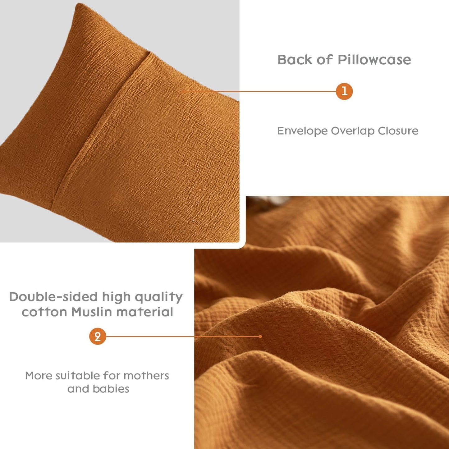 SE SOFTEXLY Muslin Pillowcases Queen Size 100% Cotton, 2 Pack Linen Like Pillow Shams with Envelope Closure, Ultral Soft and Breathable Pillow Case Covers, Pumpkin, 20" X 30", No Filling
