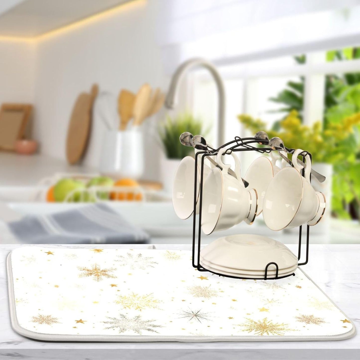 Winter Snowflake White Dish Drying Mat for Kitchen Countertop 16x18 Christmas Snow Golden Xmas Small Drying Mat Reusable Quick Dry Dish Sink Mats Easy Clean Decorative Essentials