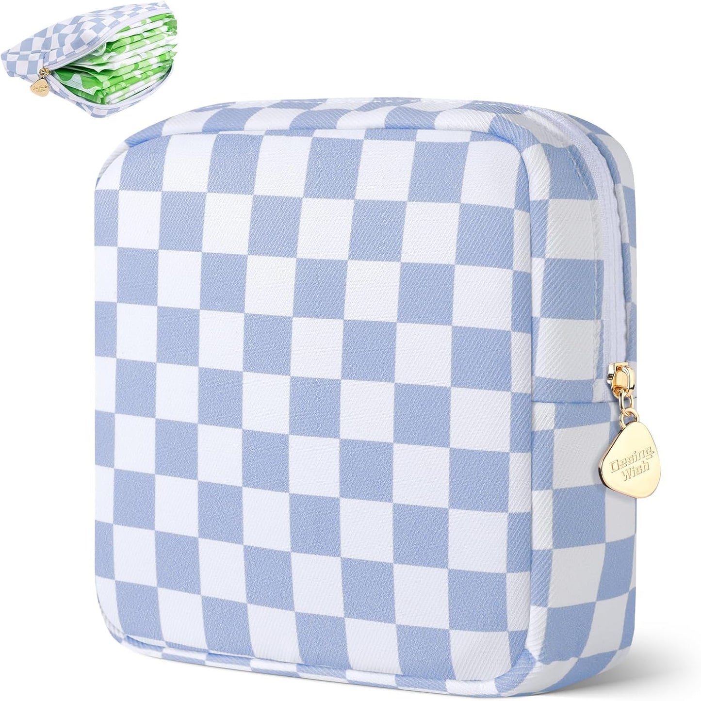 Desing Wish Period Bag Pouch Soft Cloth Sanitary Napkin Storage Bag Portable Menstrual Pad Pouches Tampon Holder for Purse First Period Kit for Girls 9-12 (Blue-White Check)