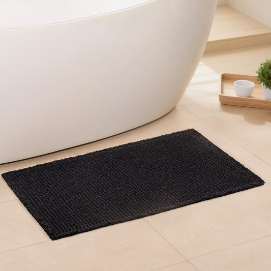 Black Bathroom Rug - Waffle Bath Mat Non Slip Washable, Super Absorbent & Quick Dry, Boho Bath Mat Farmhouse Bathroom Decor, 24'' x 36'', Black