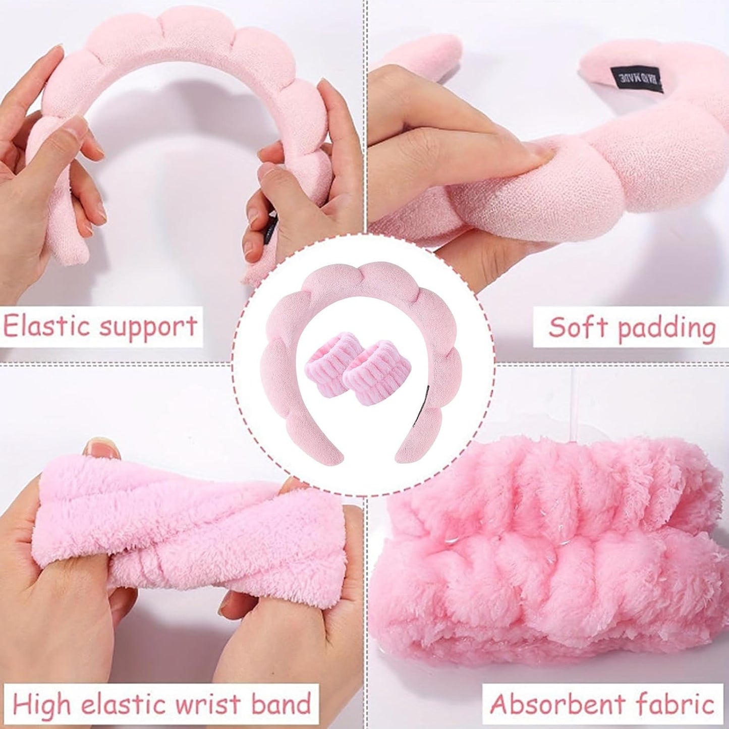 Spa Headband and Wristband Set for Women,Terry Cloth Sponge Headband for Washing Face,Makeup,Facial Mask and Skincare (Pink,Purple, One Size)