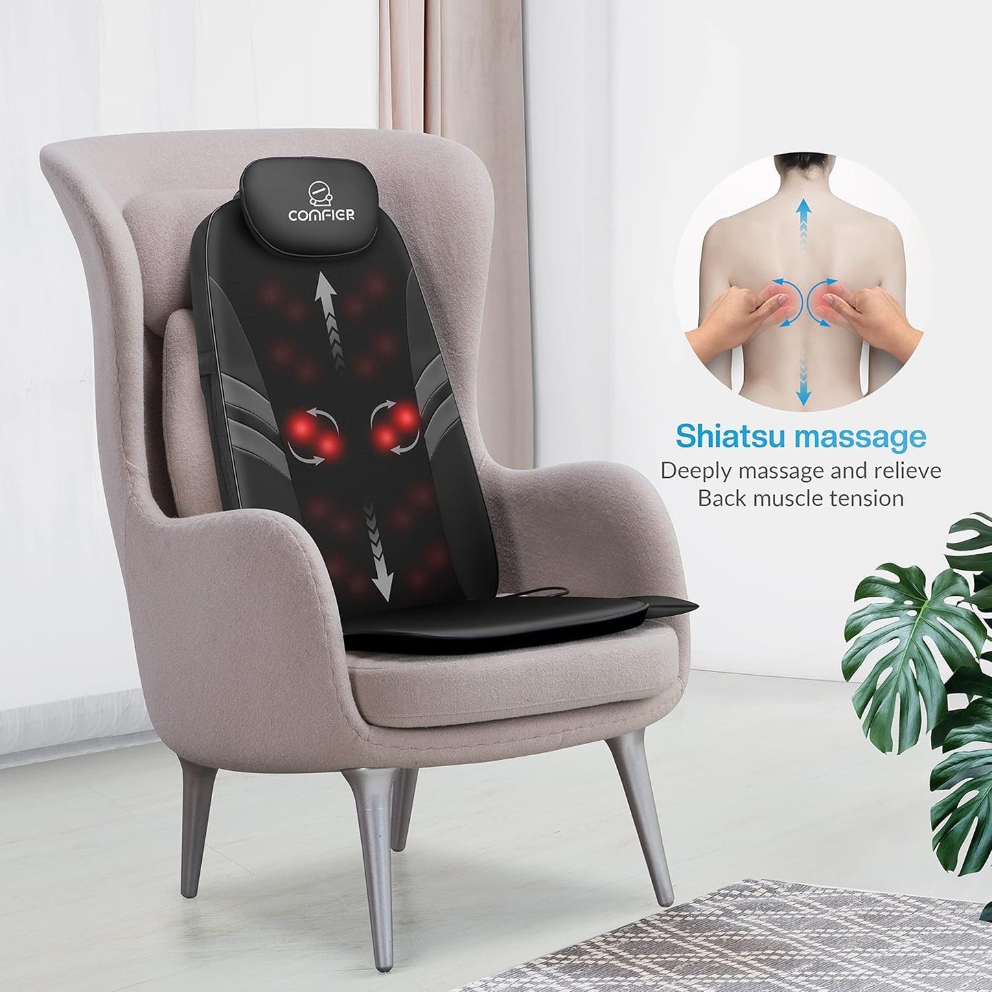 COMFIER Back Massager for Back Pain,APP Control, Shiatsu Massage Chair Pad,Electric Chair Massagers with Heat,Seat Cushion for Office,Home,Ideal Gifts for Mom,Dad,Him,Her