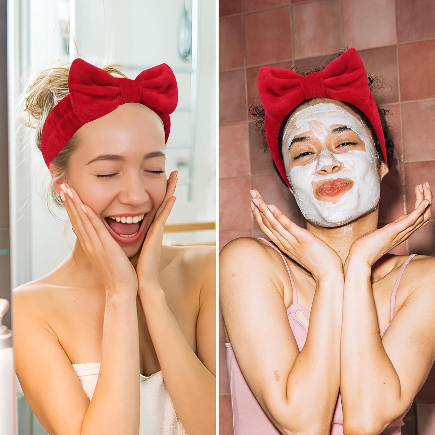 Ondder Spa Headband for Washing Face 8 Pack Red Skincare Headbands for Women Girls Terry Cloth Cute Makeup Headbands Head Bands with Bow