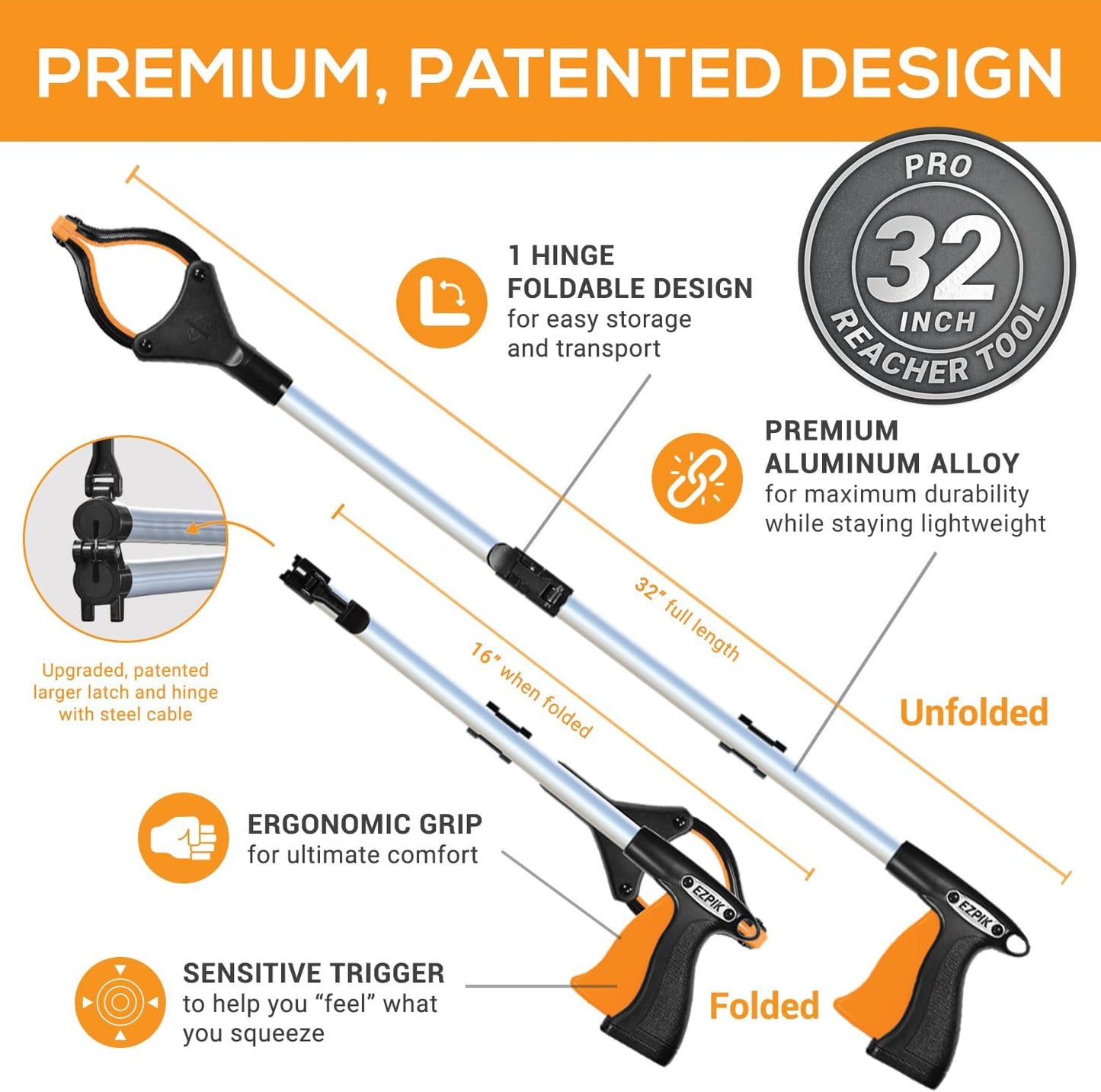 EZPIK® Grip Aid Tool Grabber Reacher + Magnets - Grabbers for Seniors, Trash Picker Upper Grabber - Trash Grabber Tool- Reacher Grabber Pickup Tool (Silver, 32″ (Pack of 2))