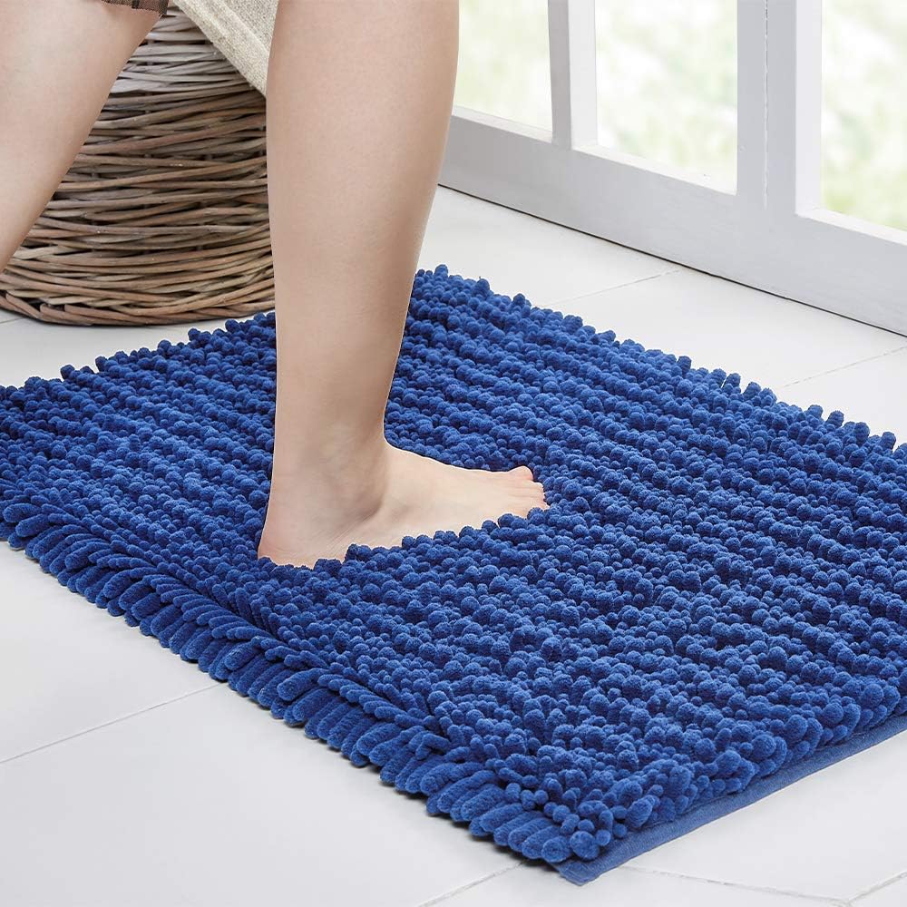 Walensee Bathroom Rug Non Slip Bath Mat (24x17 Inch Dark Blue) Water Absorbent Super Soft Shaggy Chenille Machine Washable Dry Extra Thick Perfect Absorbant Best Small Plush Carpet for Shower Floor