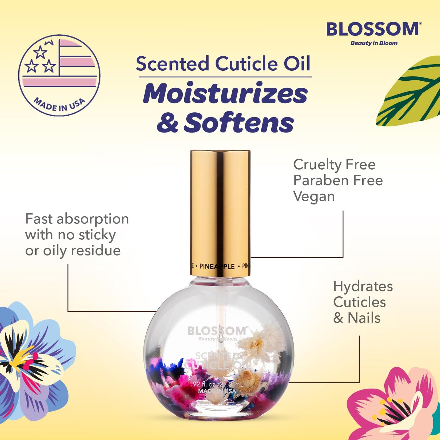 Blossom Cuticle Oil for Nails, Hydrating, Moisturizing, Scented Nail Oil Cuticle Care, Infused with Real Flowers, Made in USA, 0.92 fl. oz, Pineapple