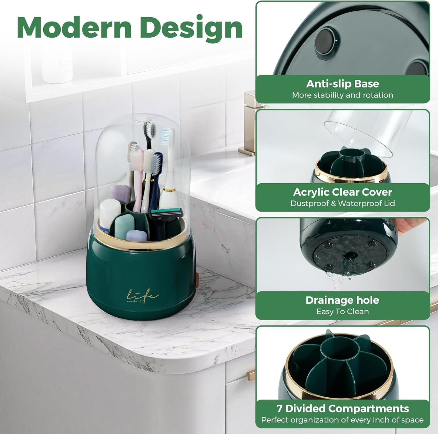 Toothbrush Holders for Bathrooms, Rotating 7 Slots Toothbrush Holder with Cover, Kids Electric Toothbrush and Toothpaste Holders for Caddy for Bathroom Vanity, Sink, Countertop, Dark Green