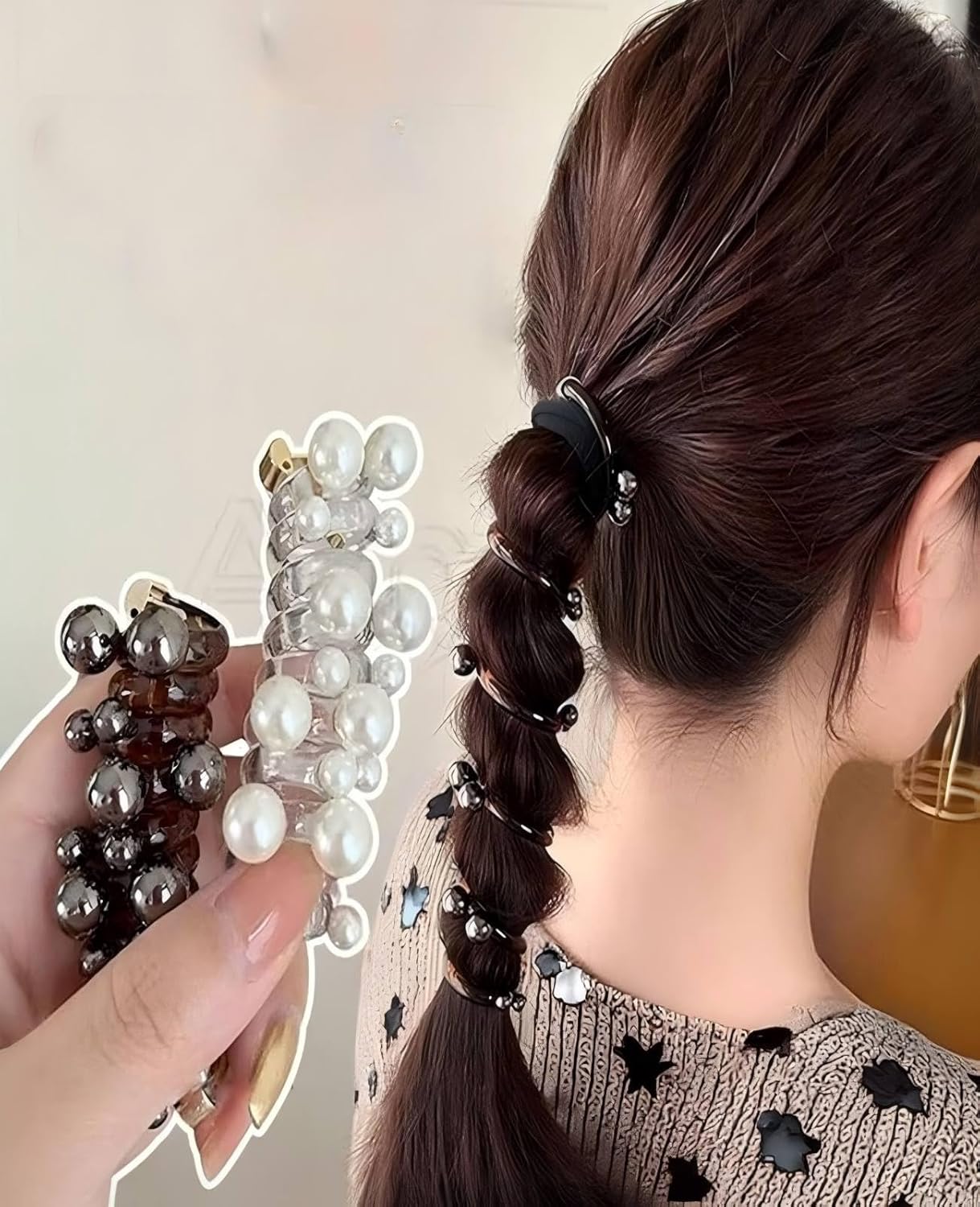 12PCS Spiral Hair Ties with Pearl Beads, Phone Cord Shape Elastic Bands, 3 Colors, No Crease Ponytail Holders for Long Curly Hair