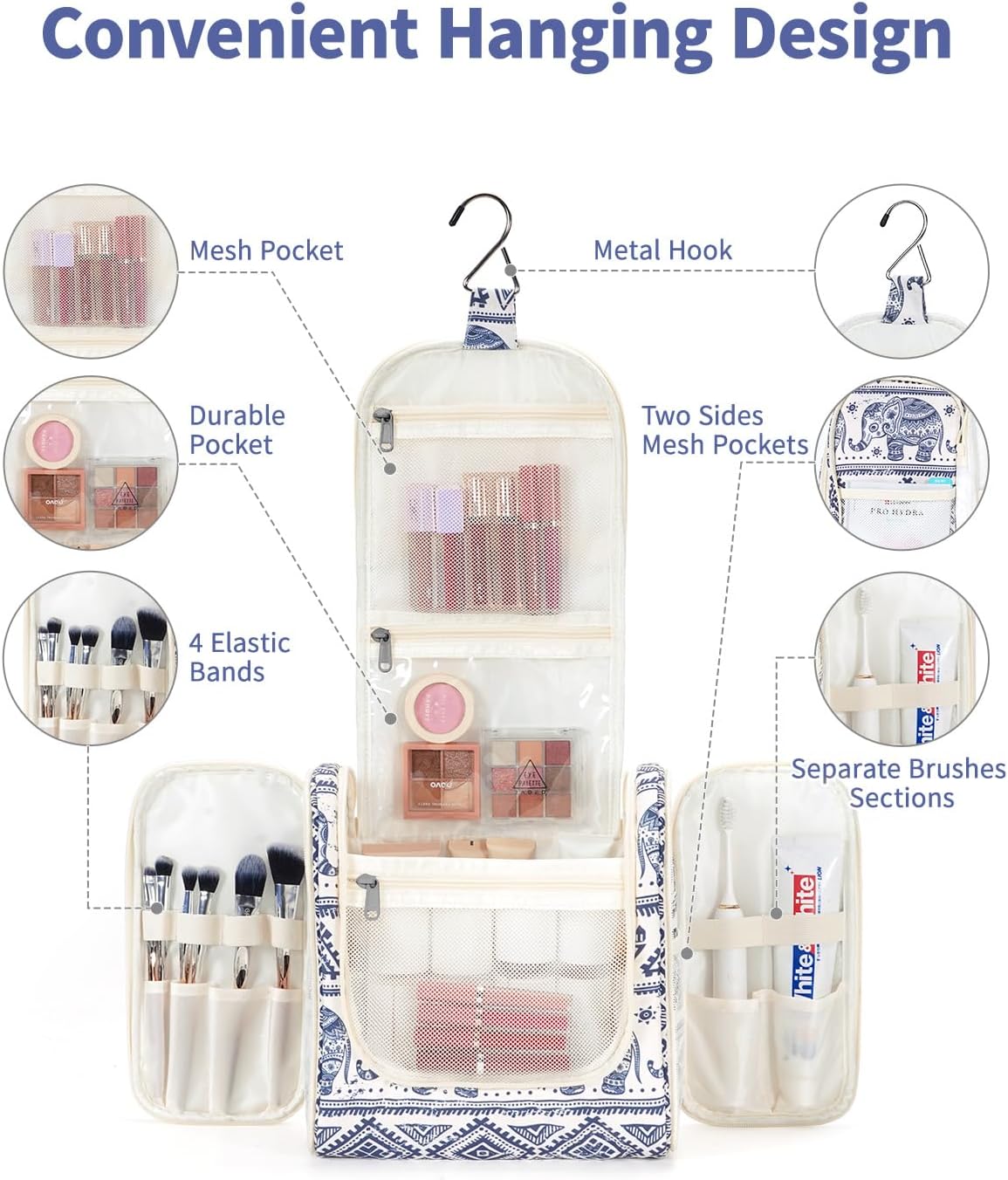 Narwey Hanging Toiletry Bag for Women Travel Makeup Bag Organizer Toiletries Bag for Cosmetics Essentials Accessories (Large, Elephant)