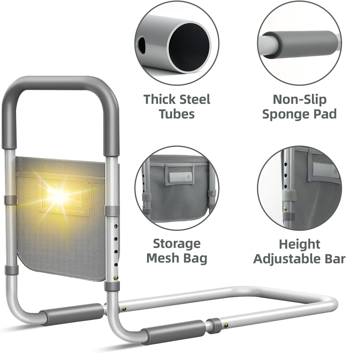 Bed Rails for Elderly Adults Safety: with Motion Light & Storage Bag - Adjustable Bed Assist Rail for Seniors - Bedside Rail Handle Support Bar Bed Guard Rails Fits King Queen Full Twin Medium