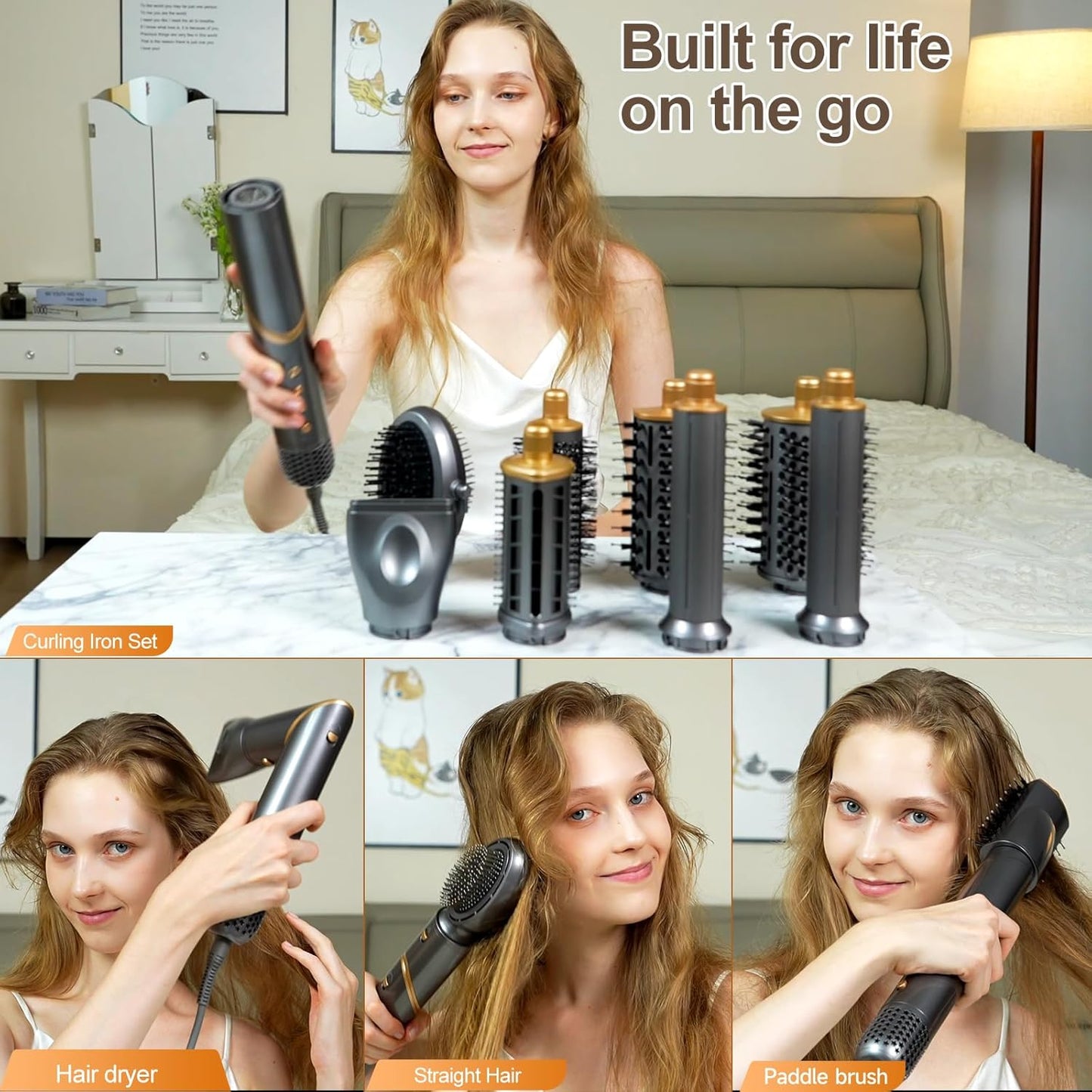 8 in 1 Negative Ionic Foldable Wrap Air Hair Styler Set, 110000 RPM High-Speed Hot Air Brush Blow Dryer for Curl, Fast Drying, Straightening - Multifunctional Hair Dryer Brush with Attachments