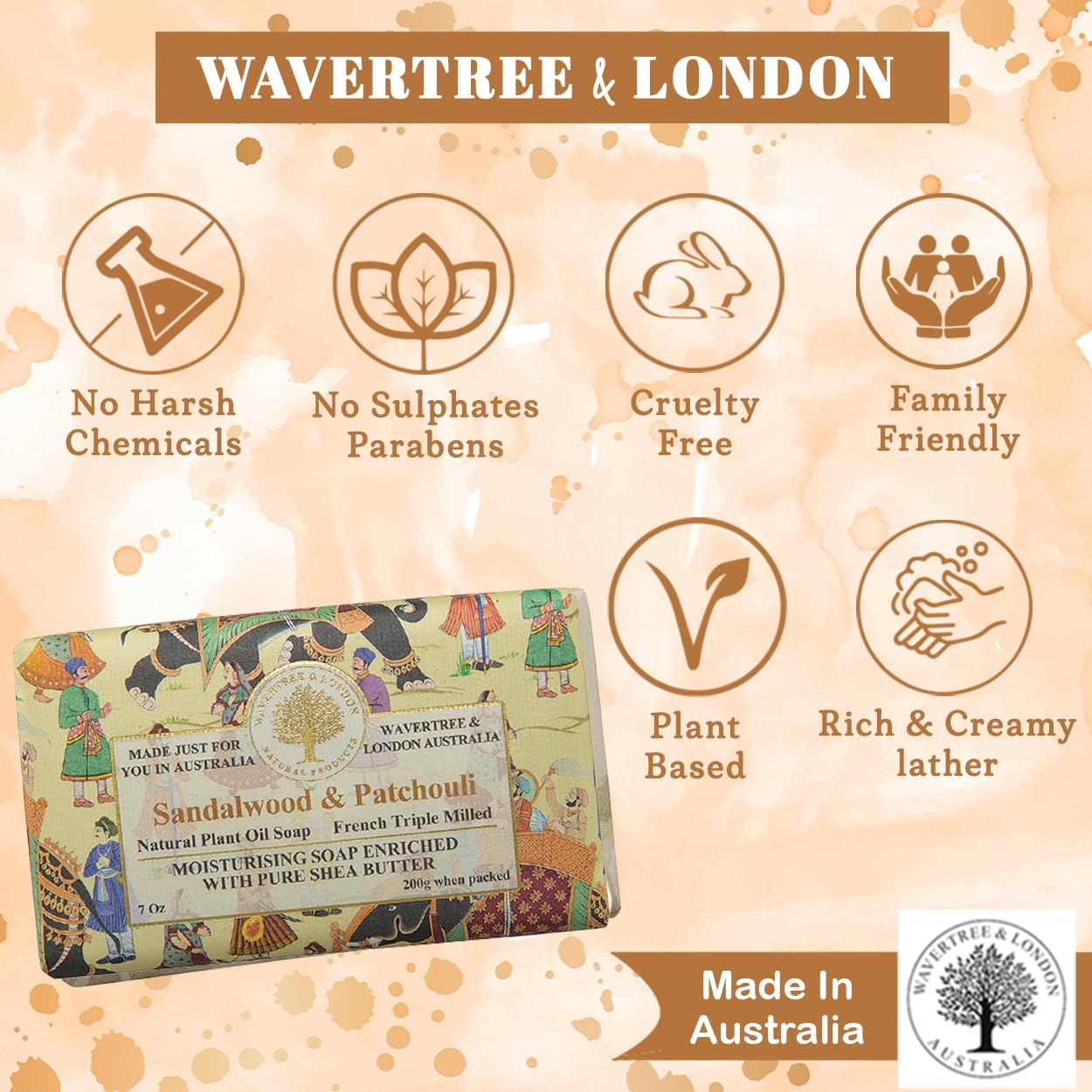 Wavertree & London Sandalwood Patchouli Scented Natural Soap Bar, 7oz Moisturizing French Triple Milled Soap Bar for Women & Men enriched with shea butter - For All Skin Types