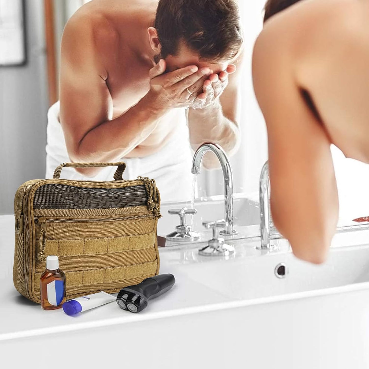 SMONT Toiletry Bag for Men Travel Toiletry Organizer Dopp Kit Travel Organizer Toiletries Tactical Bag Shaving Hygiene Bag Bathroom Hanging Men's Toiletry Bag for Short Trips Brown