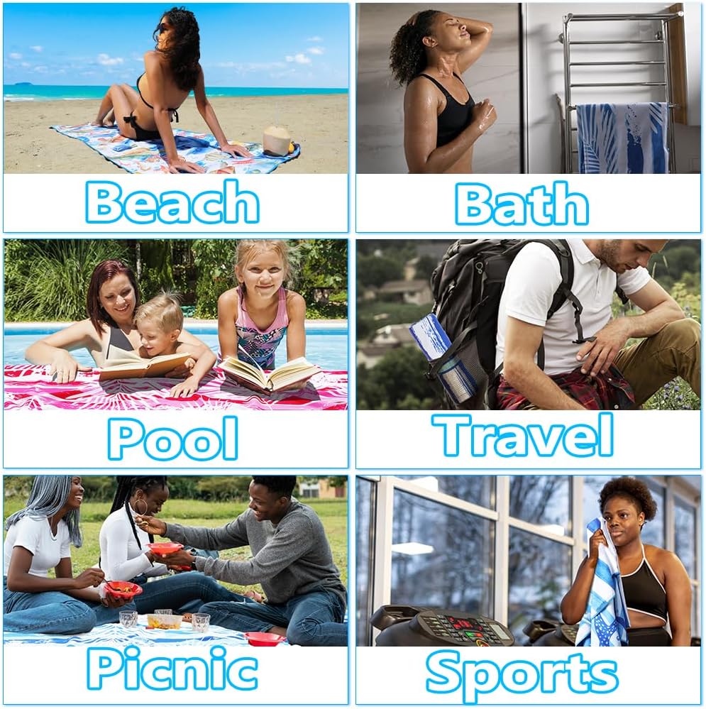 2 Pack Lightweight Thin Microfiber Beach Towel Sand Free Quick Dry Absorbent Compact Soft Pool Swim Travel Towels Extra Large Oversized Beach Accessories Packable Essentials Stuff Gifts for Adult