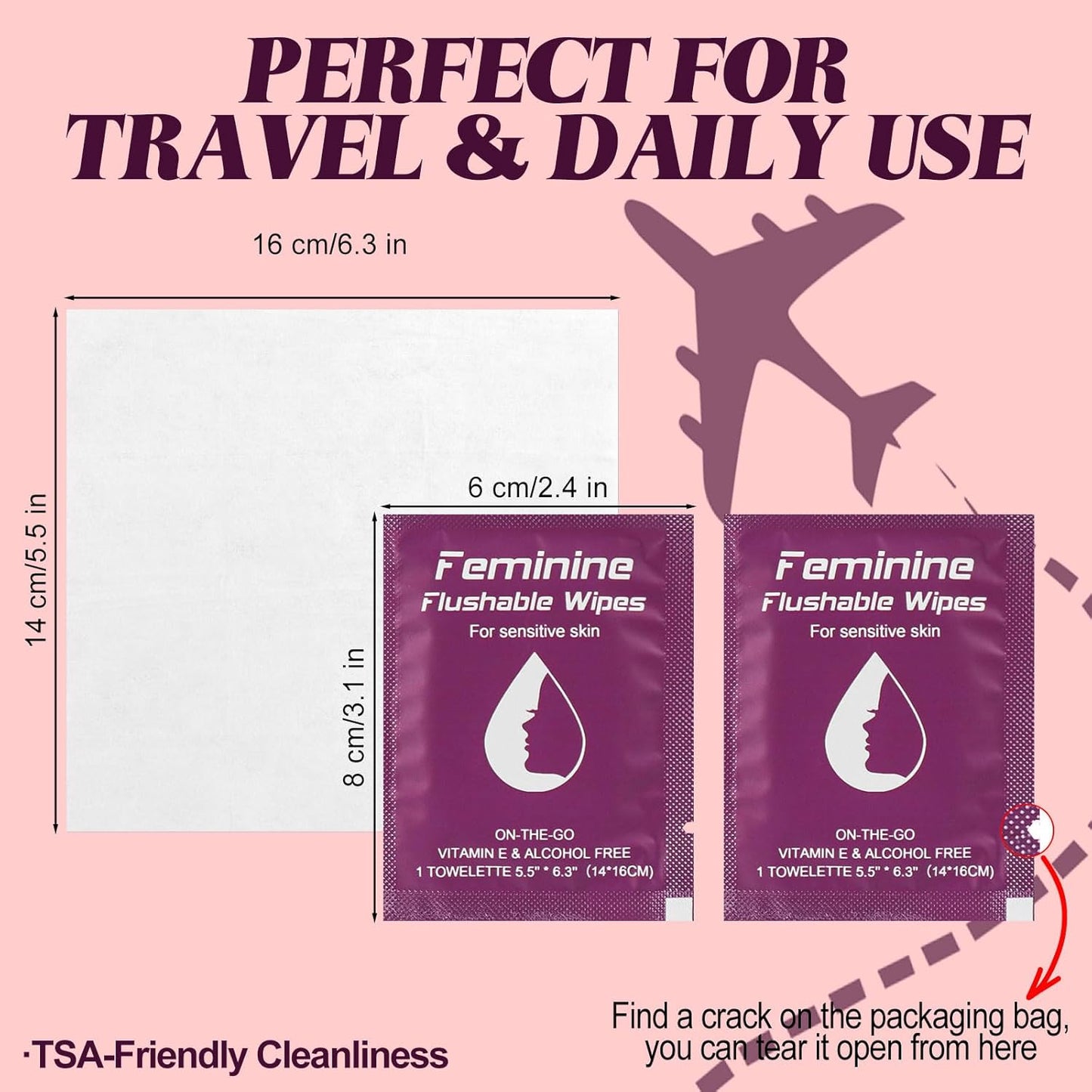 Feminine Wipes Individually Wrapped, Flushable Wipes Travel,Travel Wipes for Women,Feminine Care Wet Wipes Travel Size Vaginal Wipes for Adult, Girl and Homeless (unscent,100)