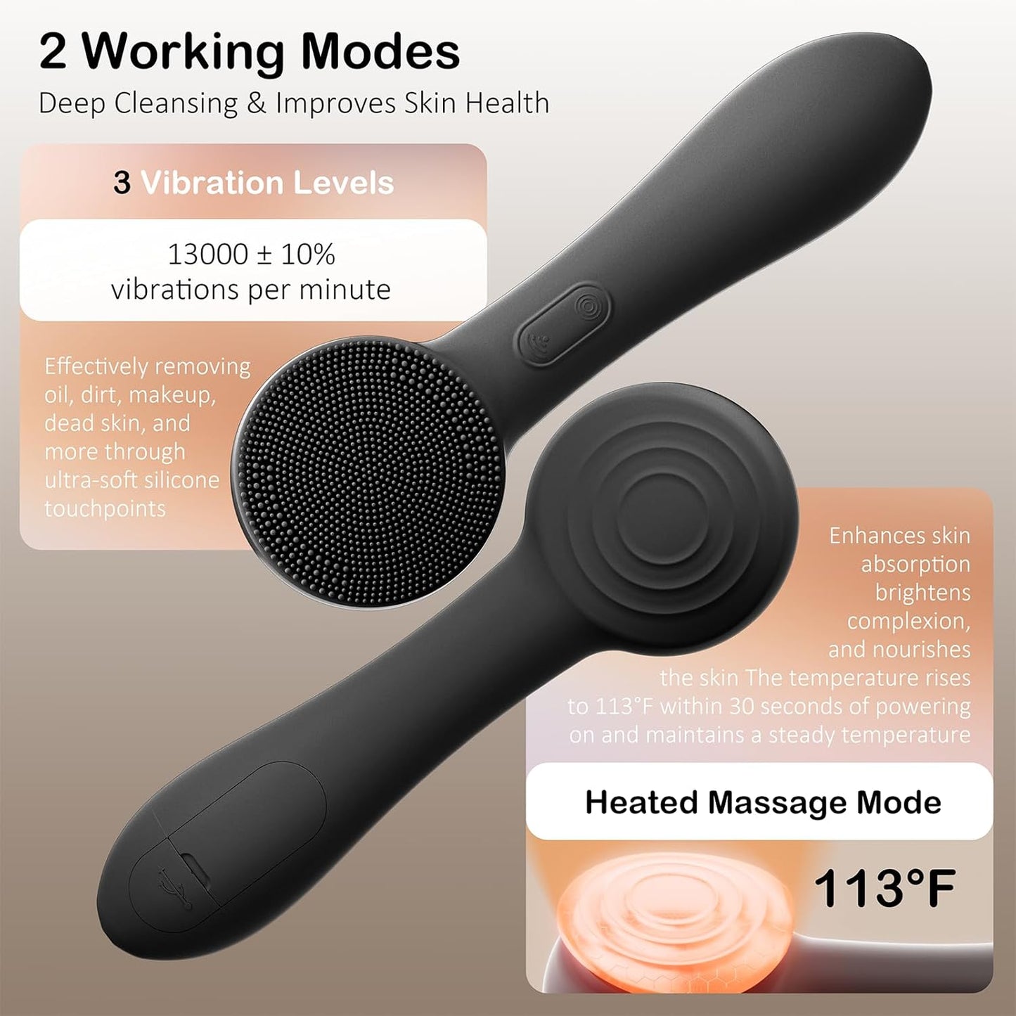Facial Cleansing Brush Silicone Face Scrubber Waterproof Rechargeable Exfoliator Massage Device for Men & Women, Deep Pore Cleansing, Exfoliating, Removing Blackhead Electric Face Scrub Brush (Black)