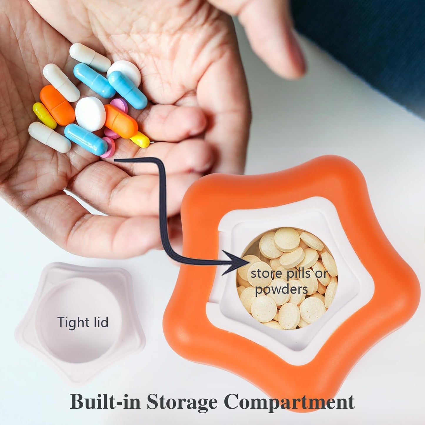 Johnbee Pill Crusher, Pill Grinder Fine Powder Extremely Fine. Storage Compartment. Pill Crushers for Elderly, Family and Pets. Silicone Edges. Grind Multiple Pills at Once - Cleaning Brush (Orange)