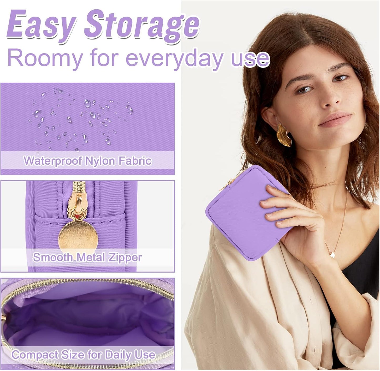 Nylon Mini Makeup Bag for Purse, Preppy Small Cute Makeup Bag Cosmetic Zipper Pouch Purse, Waterproof Travel Coin Pouch Sanitary Napkin Storage Bag Clutch Makeup Organizer for Women Men Girls(Purple)