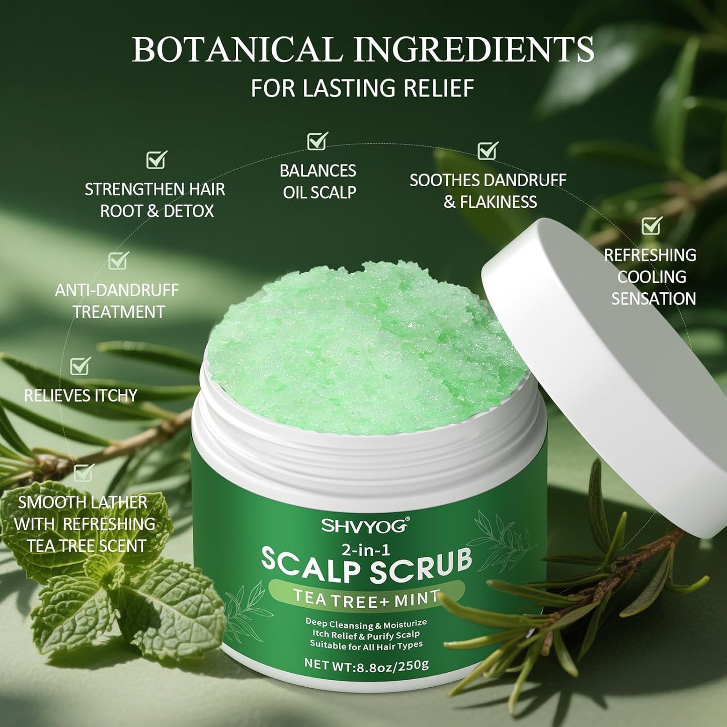 SHVYOG Scalp Scrub, Tea Tree & Coconut Oil Exfoliator Scrub for Itchy Scalp, Anti-Dandruff Detox Clarifying Exfoliator Shampoo with Sea Salt, Scalp Treatment with Scalp Scrubber
