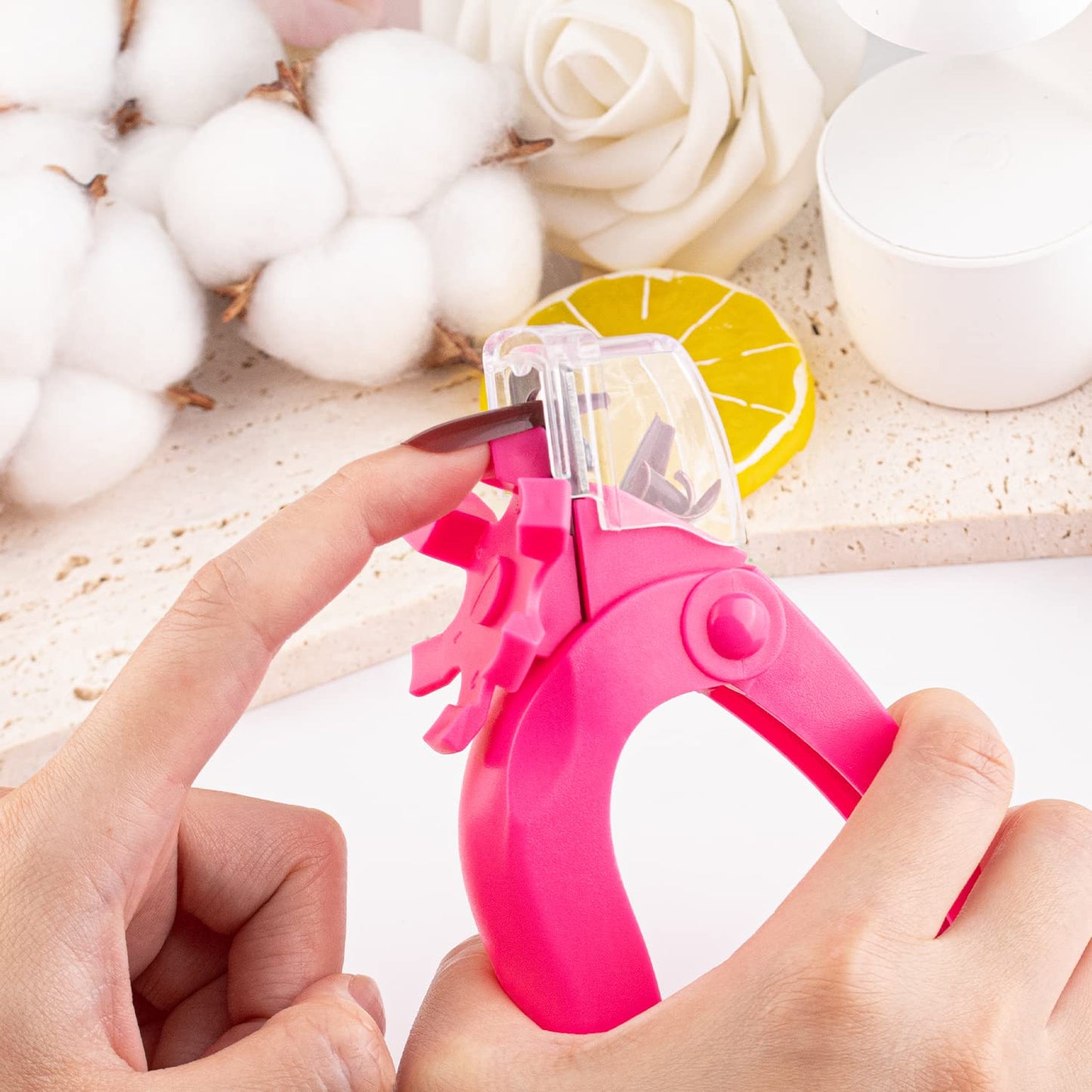 Hot Pink Acrylic Nail Clipper, Dial Clippers with Sizer, Adjustable Nail Tip Cutter with Length Measurement, Stainless Steel Acrylic Nail Tips Trimmer for Fake Nail Art Manicure Home DIY by GA&EN