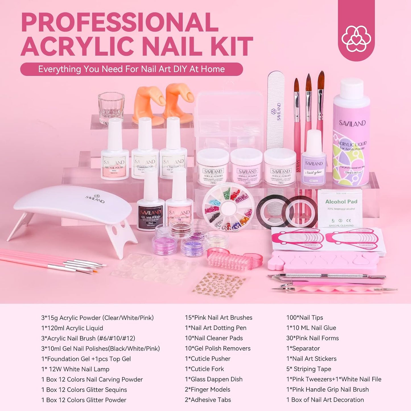 SAVILAND Acrylic Nail Kit with Everything: Nails Kit Acrylic Set For Beginners Gel Polish Kit U V Lamp Nail Decoration Professional Acrylic Nails Kit Starter Full Acrylic Nail Supplies DIY Home Salon