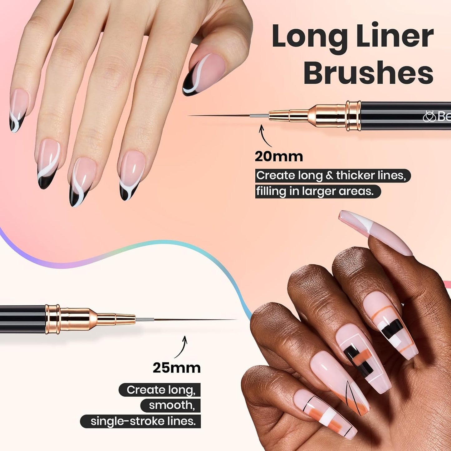 Beetles Liner Brushes for Nails 5pcs - Metallic Nail Art Brushes Black Nail Art Pens Liner Sizes 5/9/15/20/25mm with Palette Holder Painting Manicure Design Tools for Long Lines, Details, Fine Drawing