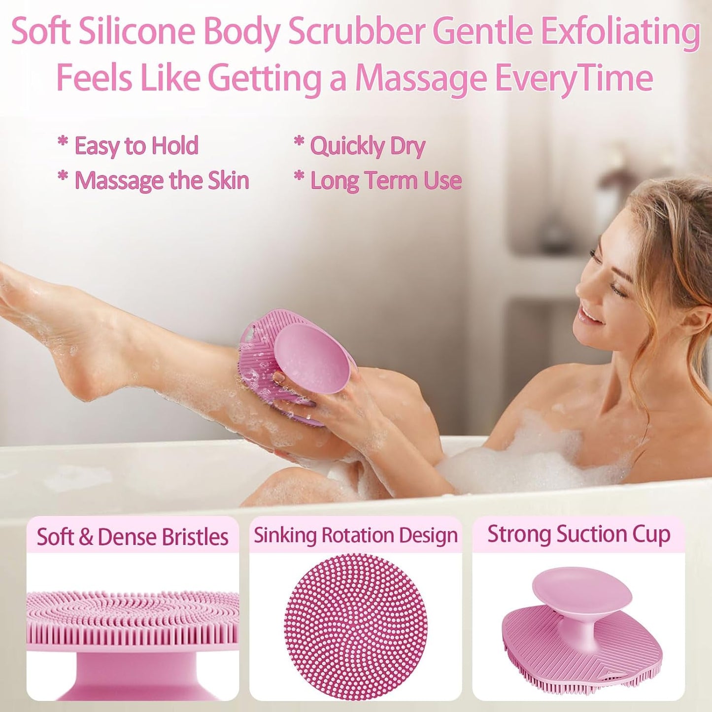 Soft Silicone Body Scrubber Gentle Like a Hand Exfoliating Your Skin and Build Up Lather Easily, Back Large Suction Cup Easy to Store, Long-Lasting & Deep Clean (Pink)