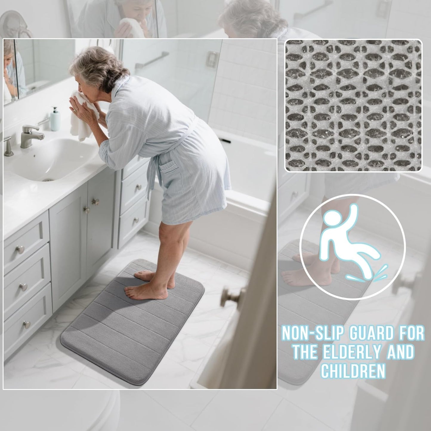 Yimobra Long Bath Mat 44"x24", Super Soft Quick Dry Memory Foam Bathroom Rug, Water Absorbent, Non Slip Backing Machine Washable for Tub Shower, Thick Comfort Support, Gray