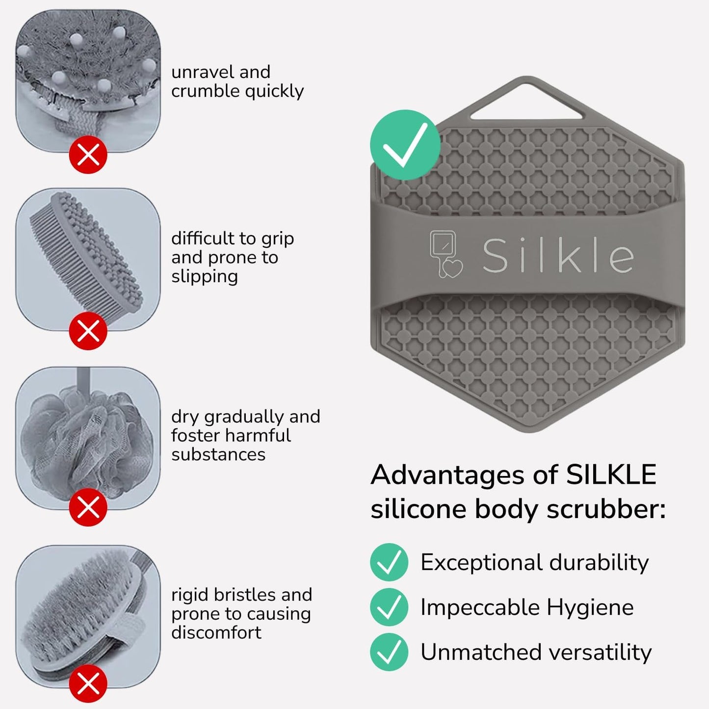 Silicone Body Scrubber - Exfoliating Bath Brush and Skin Cleanser - Shower Sponge for Gentle Body Scrub and Wash - Silicone Scrubbing Care Tool for a Refreshed and Renewed You - Gray