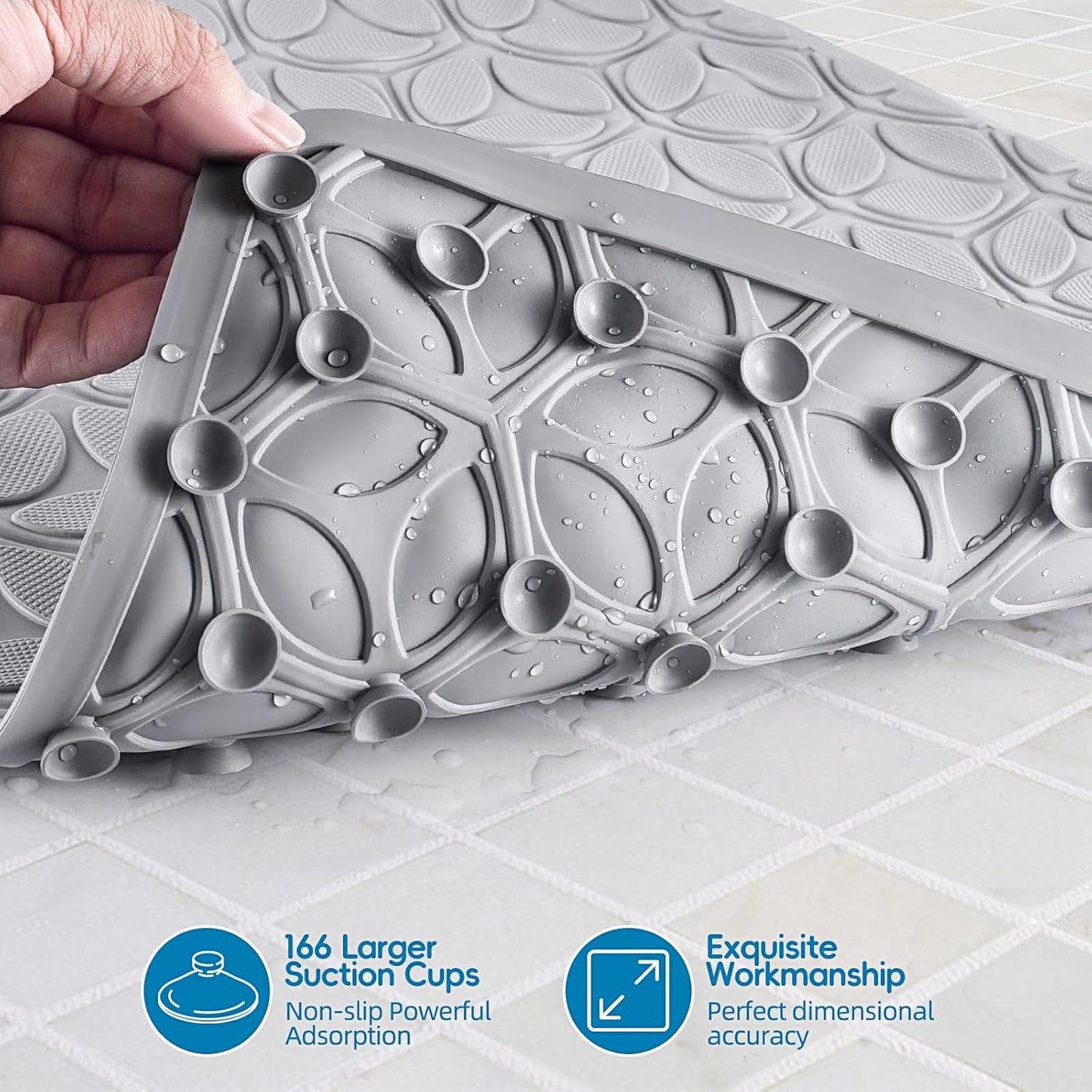 WRISIN Bathtub Mat Non Slip with Suction Cups - 100% Rubber Bathroom Mat Textured for Bath Tub Shower Safety - Soft on Touch - BPA/PVC Free - Pet Dog Bath Mat - Machine Washable - 16 × 28 Inch（Gray）