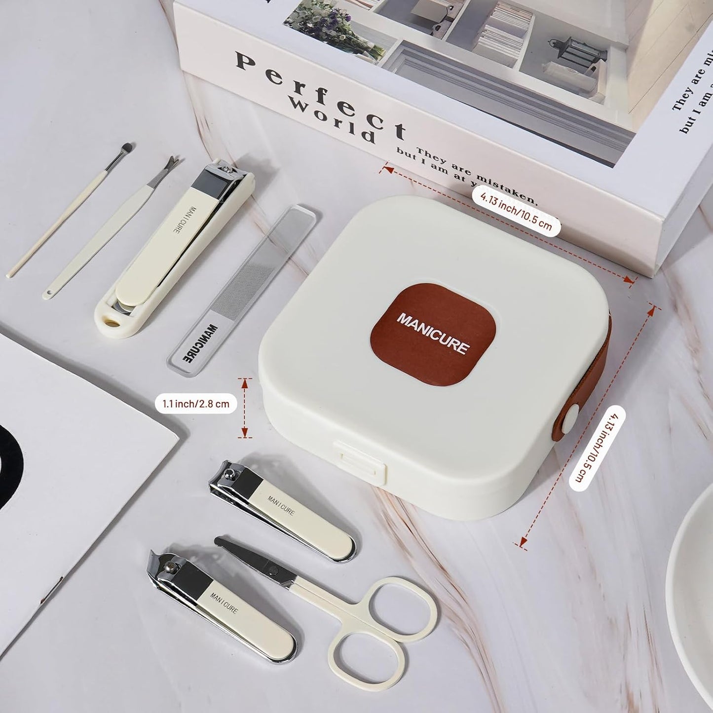 Nail Clippers and Beauty Tool Portable Set, Cuticle Nail Care Tools, 7pcs Stainless Steel Grooming Kit, Suitable for Home, Workplace, Outdoor Travel, Gift Giving, Salon., Beige+Brown