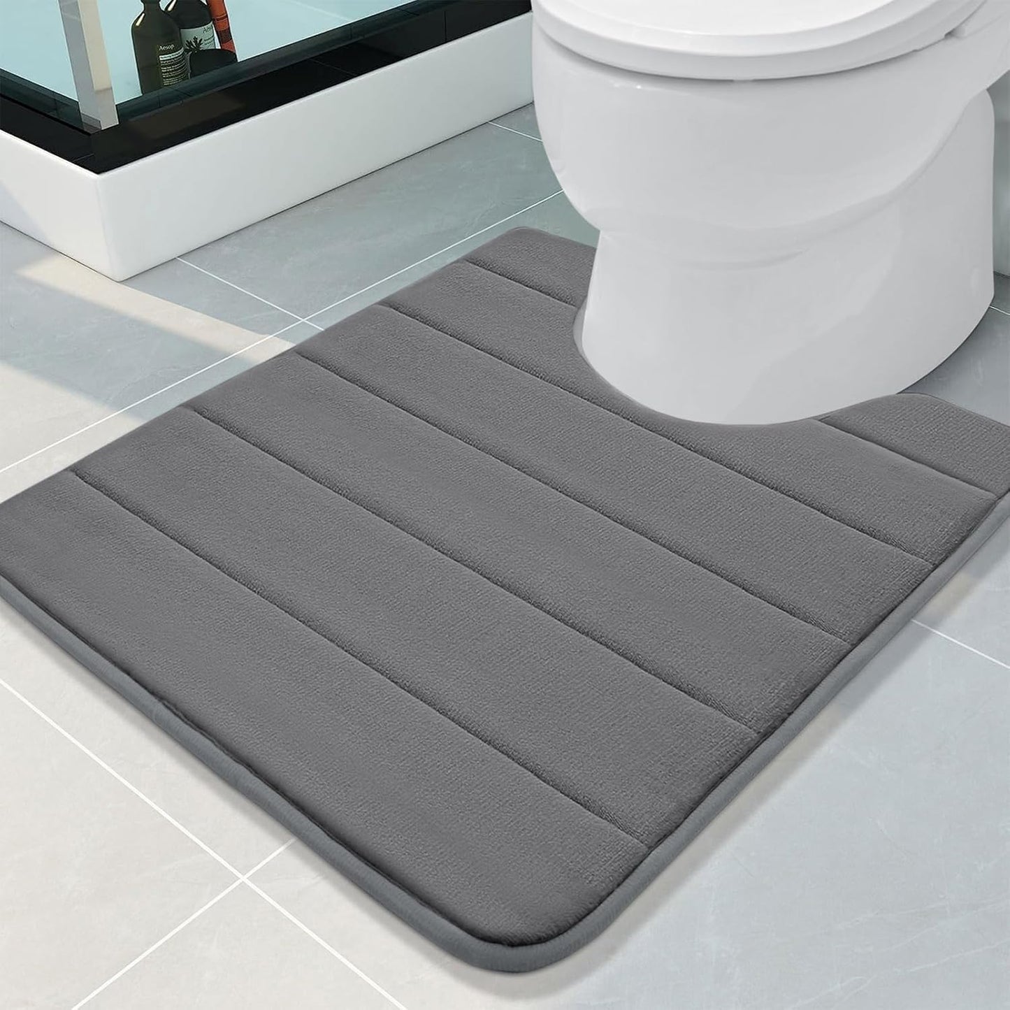 Buganda Memory Foam U-Shaped Contour Toilet Rugs, Non Slip Absorbent, Thick Soft Washable Bathroom Mat, Floor Carpet Bath Rugs Mat for Toilet Base (24" x 20", Grey)