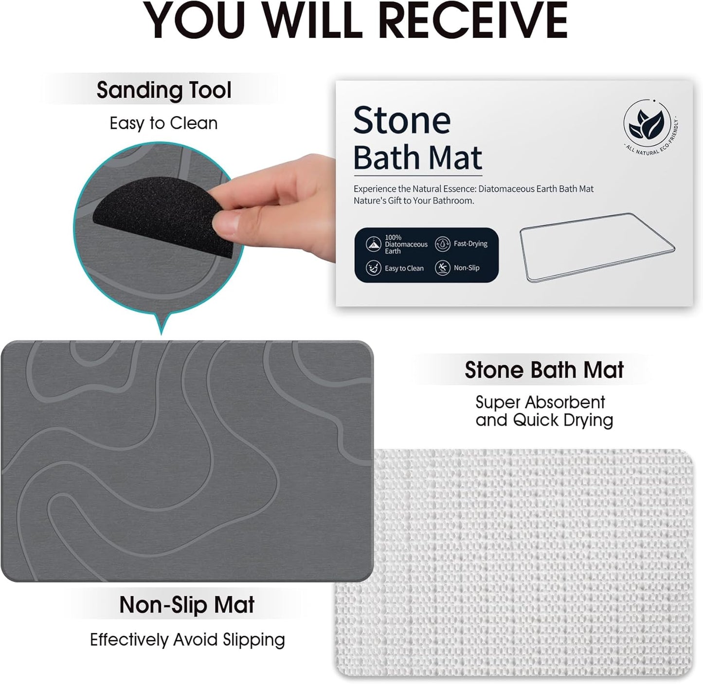 Stone Bath Mat Diatomaceous Earth Shower Mat Non-Slip Super Absorbent Diatomite Stone Mats for Bathroom Floor Quick-Drying Easy to Clean (24''*16'' Grey)