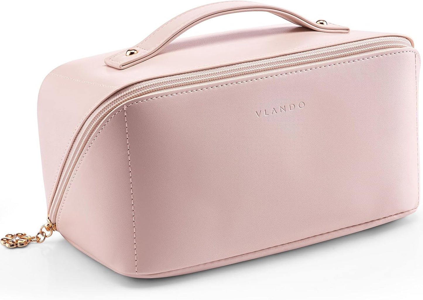 Vlando Makeup Bag,Large Capacity Travel Toiletry Bag,Cosmetic Bags for Women PU Leather Waterproof Portable Pouch with Divider & Handle-Pink