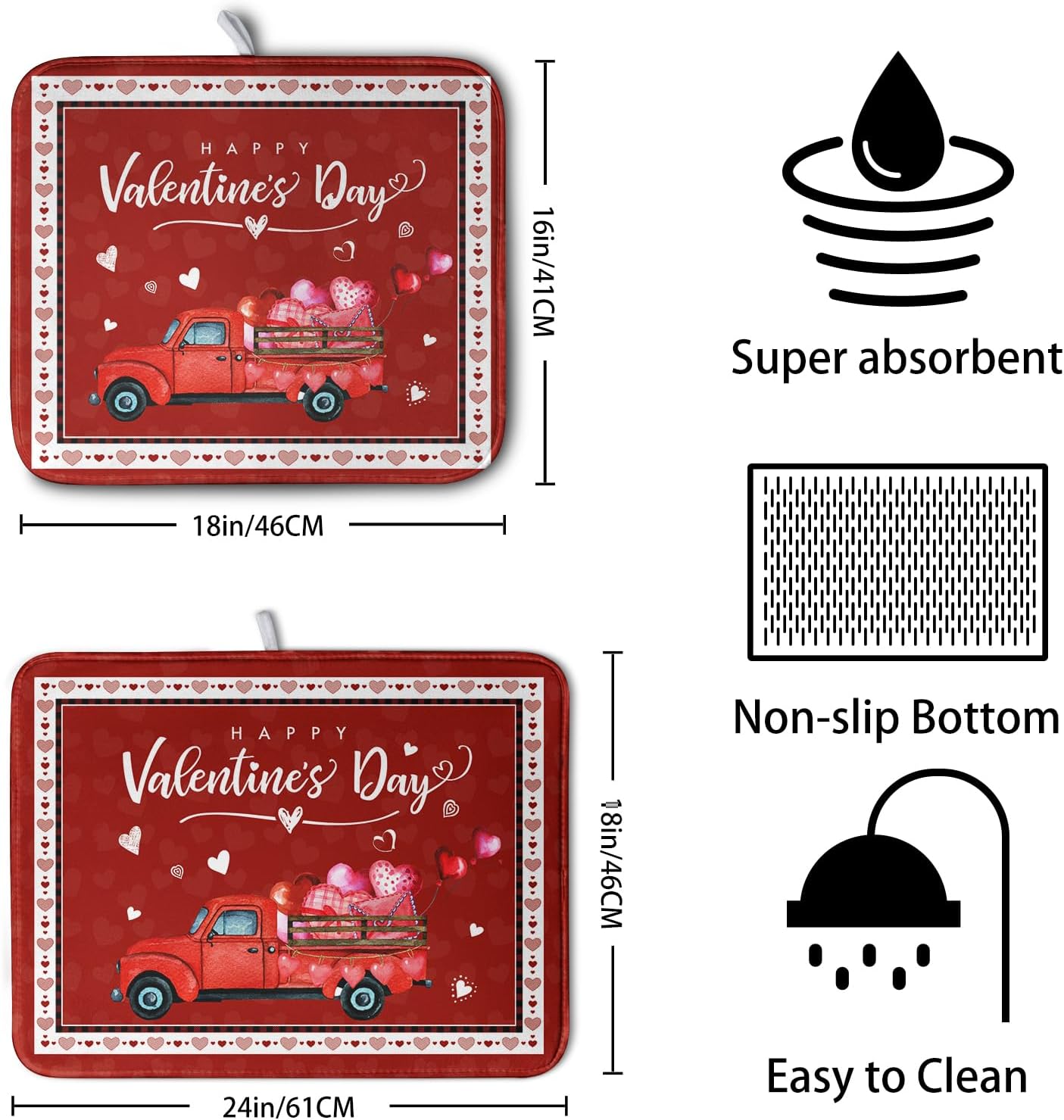 Happy Valentine's Day Dish Drying Mat for Kitchen Red Love Heart Truck Plaid Drying Mats Super Absorbent Dishes Drainer Pad Reversible Microfiber Dish Drying Rack Mat for Kitchen Counter 18x24 Inch