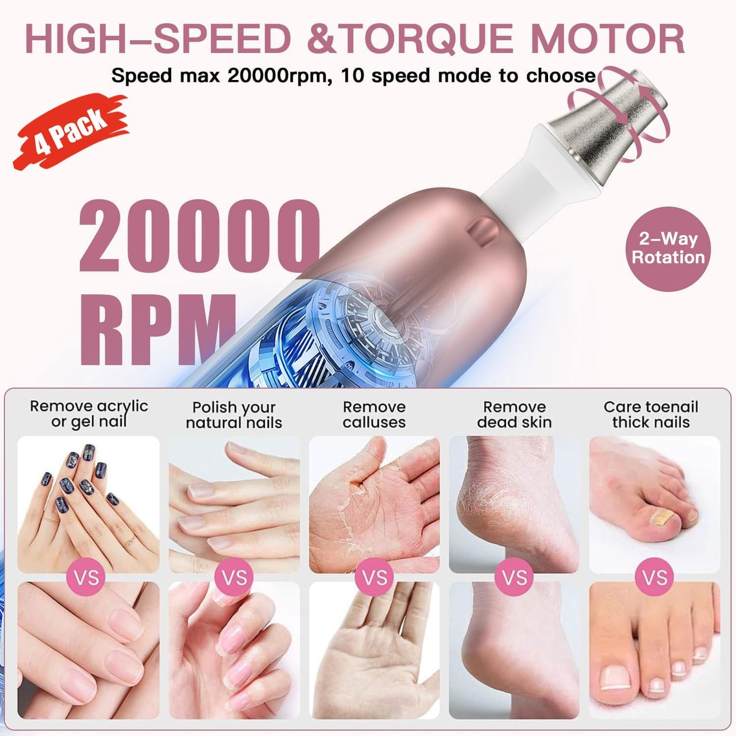 4 Pack Digital Nail Grinder 9-in-1 Set - LCD Display Adjustable Speed for Nail Shaping, Buffing & Polishing - Cordless Rechargeable Manicure Pedicure Tool with 100 Sanding Bands