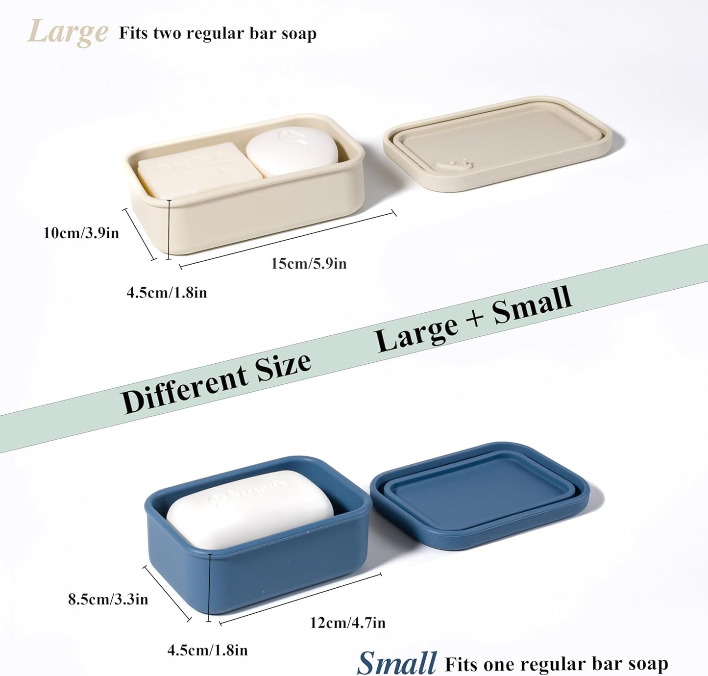 MtBoi 2PC Portable Leakproof Travel Soap Case, Silicone Travel Soap Case, Compact Soap Holder with Drainage Layer, Travel Soap Holder for Camping, Gym, Outdoor White&DarkBlue