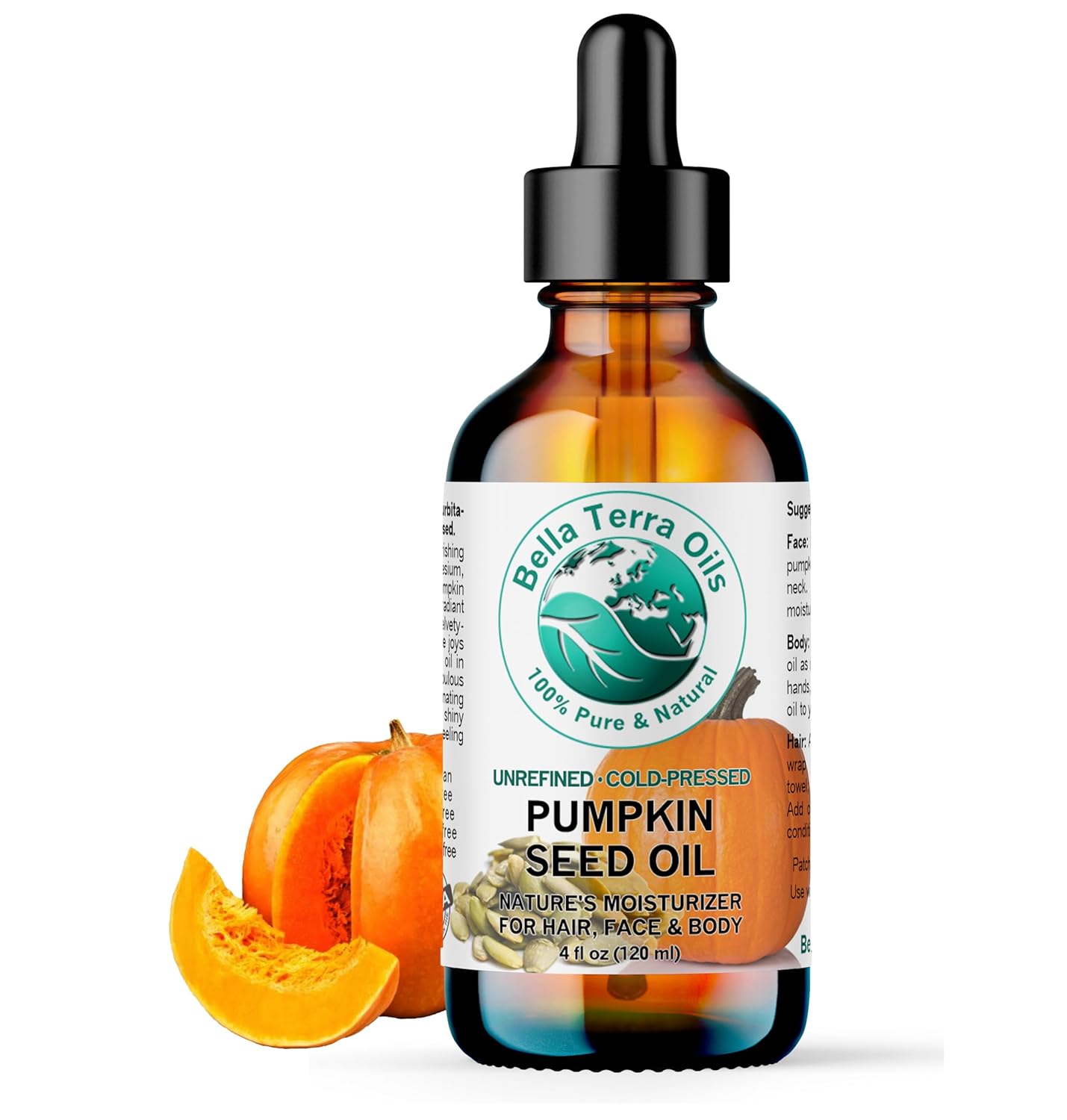 Bella Terra Oils Organic Pumpkin Seed Oil – 4 oz – 100% Pure & Cold-Pressed – Rich in Phytosterols & Magnesium – Hydrating & Nourishing for Skin & Hair – Antioxidant-Rich Beauty Oil