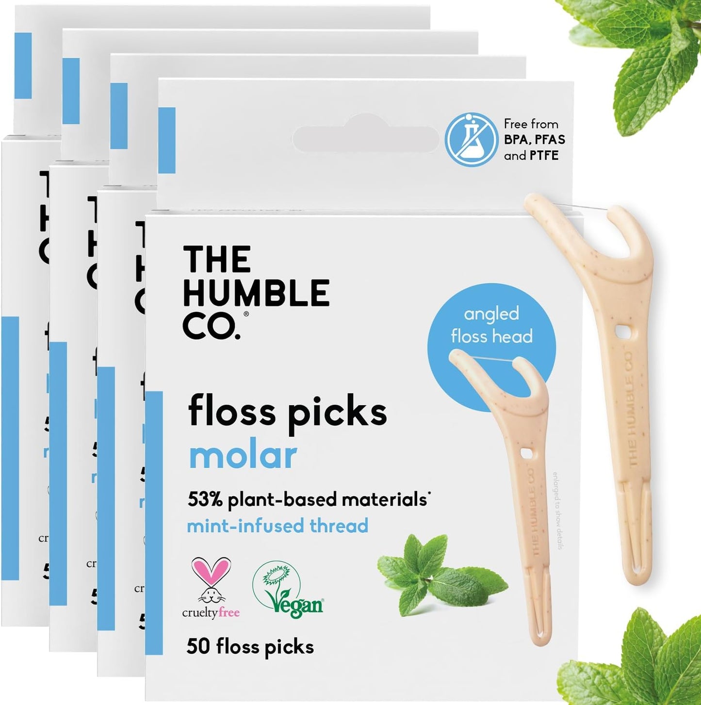 The Humble Co. Floss Picks (200 Count) – Plant Based Dental Floss Picks with Grip Handle for Superior Oral Care, Dental Hygiene, and Gum Health, Cruelty Free Tooth Floss Picks (Mint)